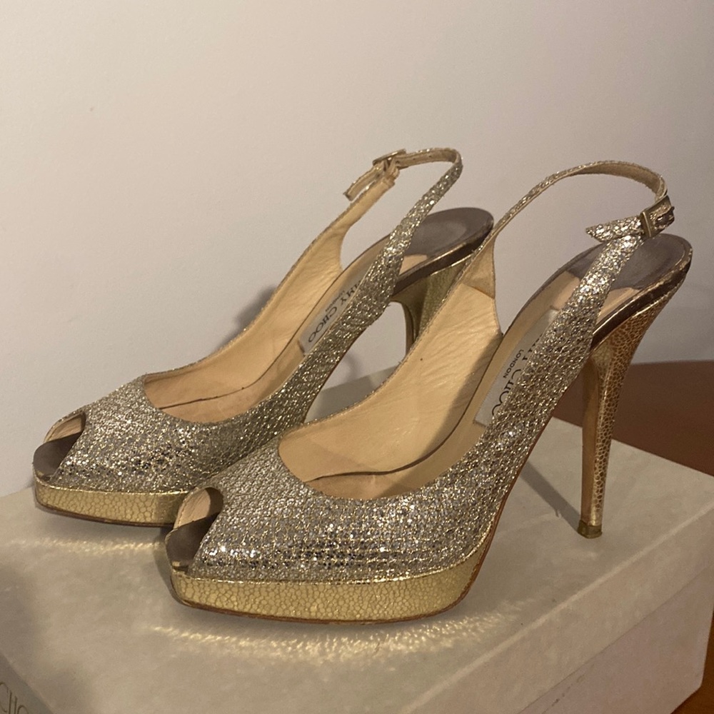 Jimmy Choo Nova Peep Gold Textured heels - size 37.5 (7 women)